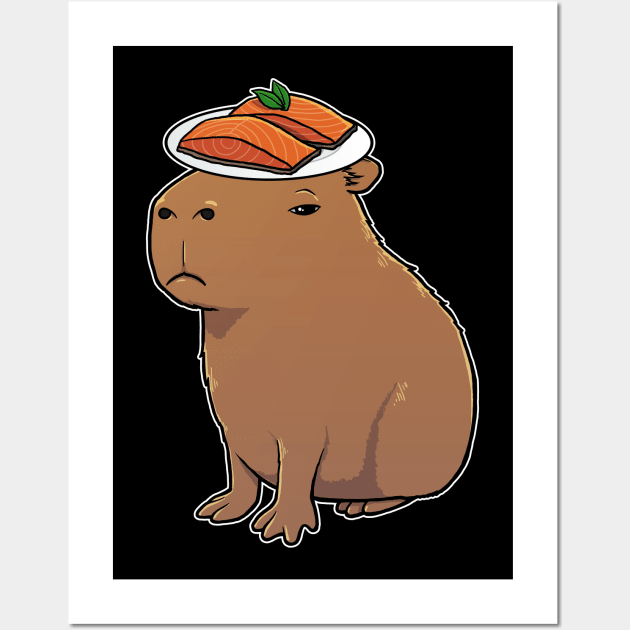 Capybara with Salmon on its head Wall Art by capydays